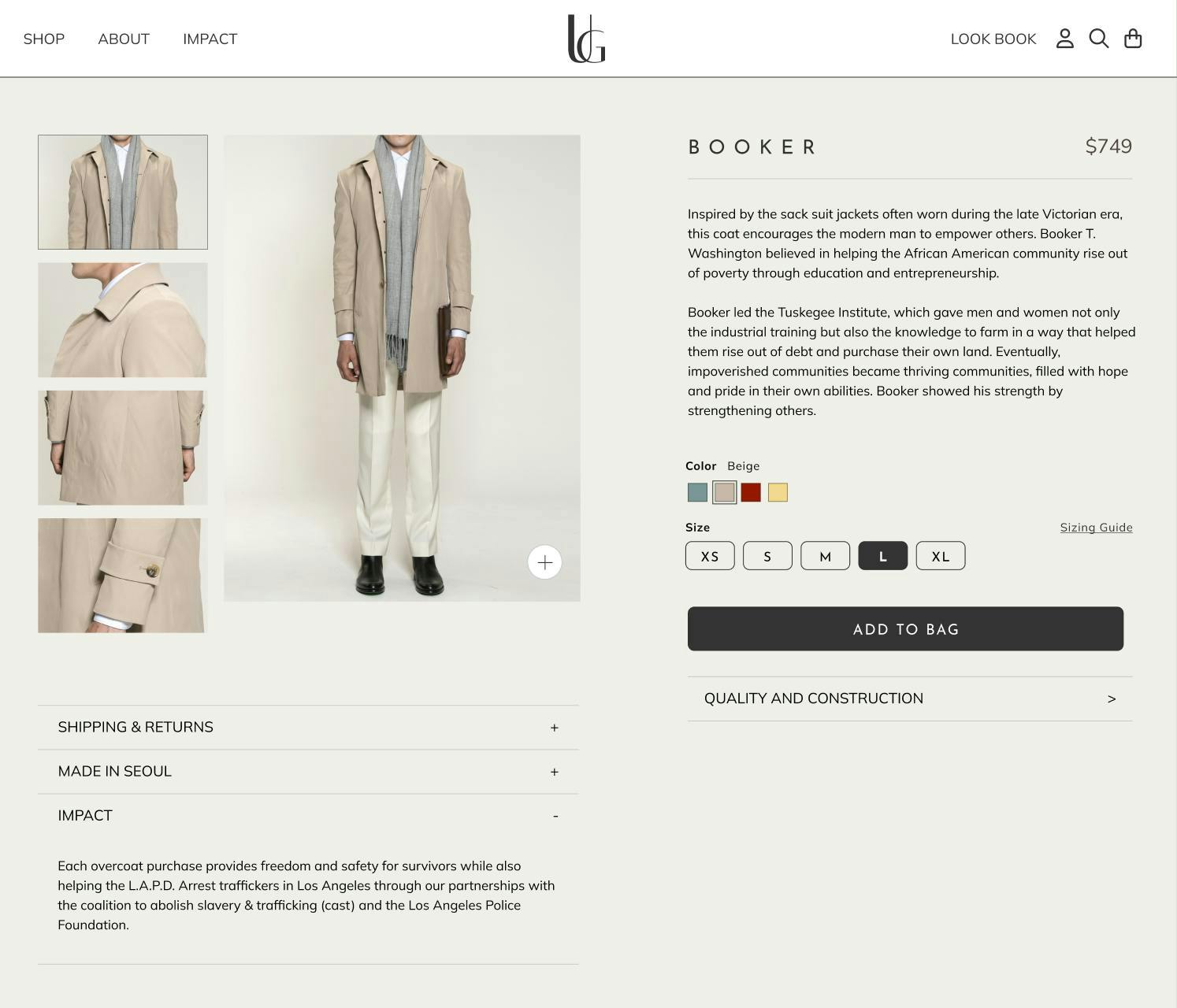  A man wearing a suit posing against a white backdrop in the shop section of Urbane and Gallant's ecommerce website. This is the details section where customers can adjust the color and size of the suit.