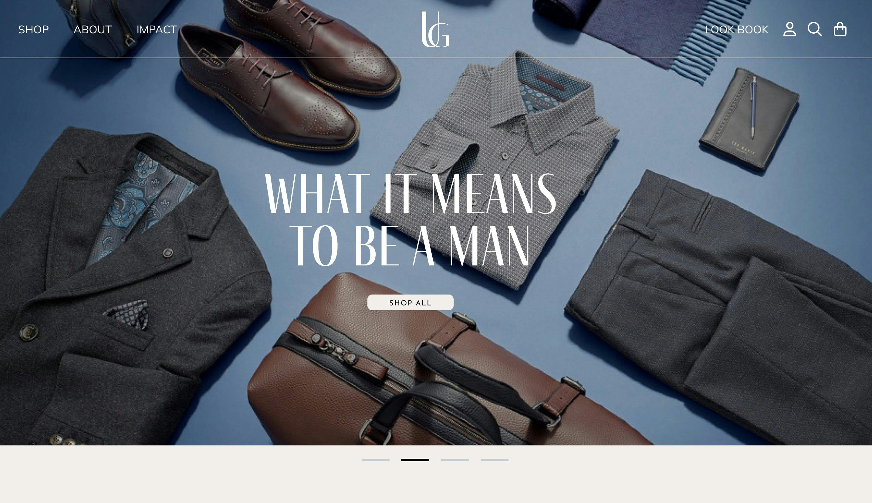 A flat lay of a pair of leather shoes and a suit jacket displayed on the landing page of the Urbane and Gallant ecommerce website.