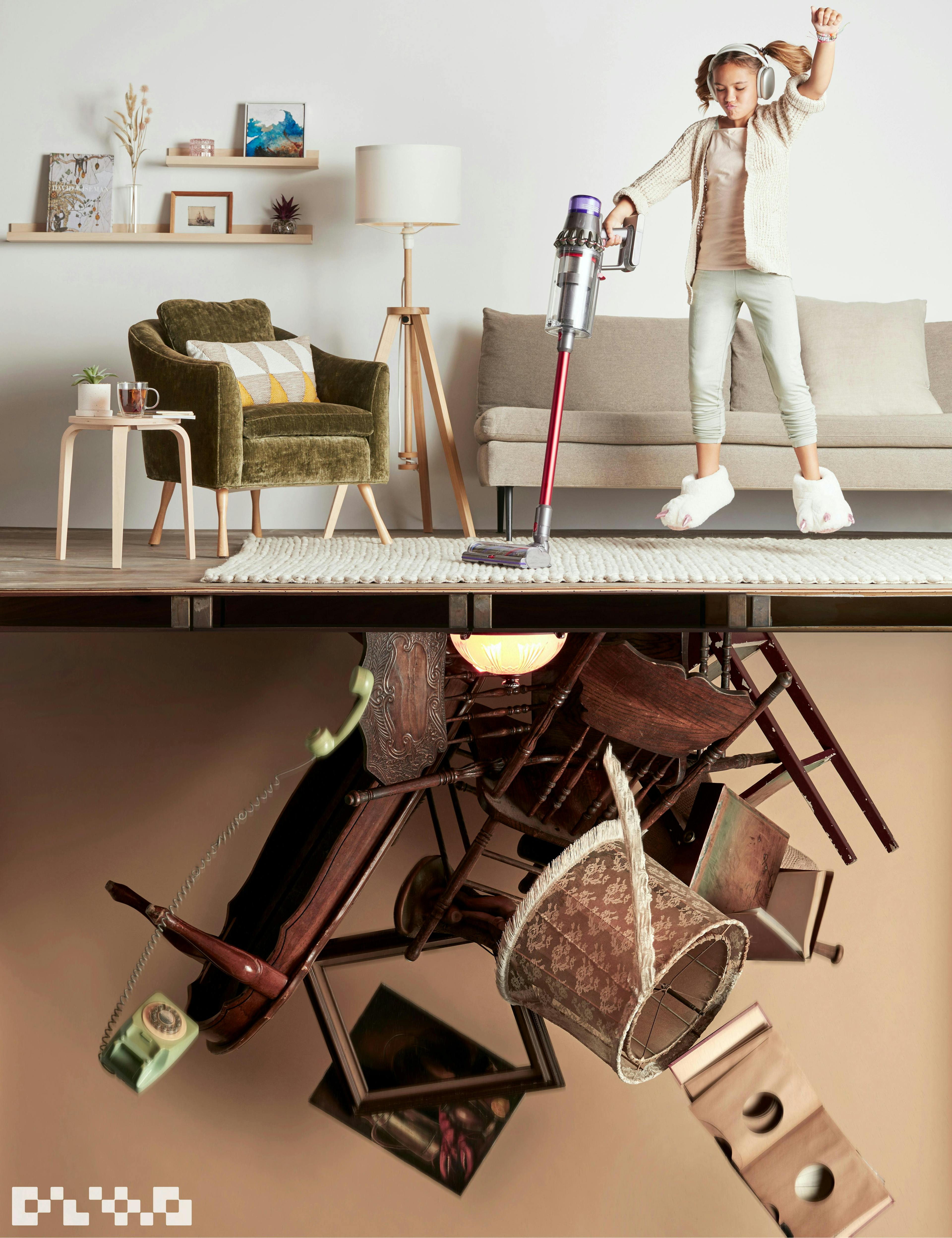 creative marketing campaign shot of a young girl vacuuming on the top and furniture flying toward the roof 