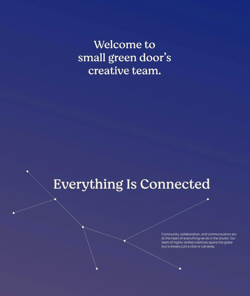 Small Green Door landing page featuring a blue/purple background with text that reads 'Everything is connected' in bold letters. Small green door text is visible at the top of the page. Below the text, there is a scrolling section. 