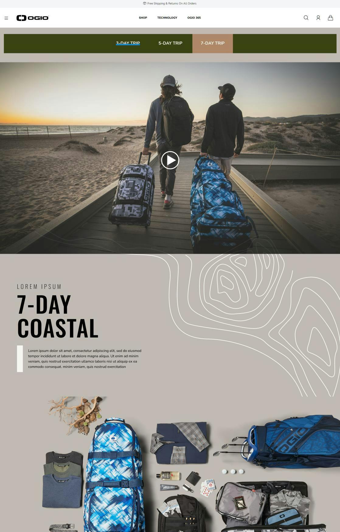 Ogio's ecommerce website showcasing: Two individuals walking along a beachfront path carrying backpacks and duffle bags, with a beautiful ocean view in the background.