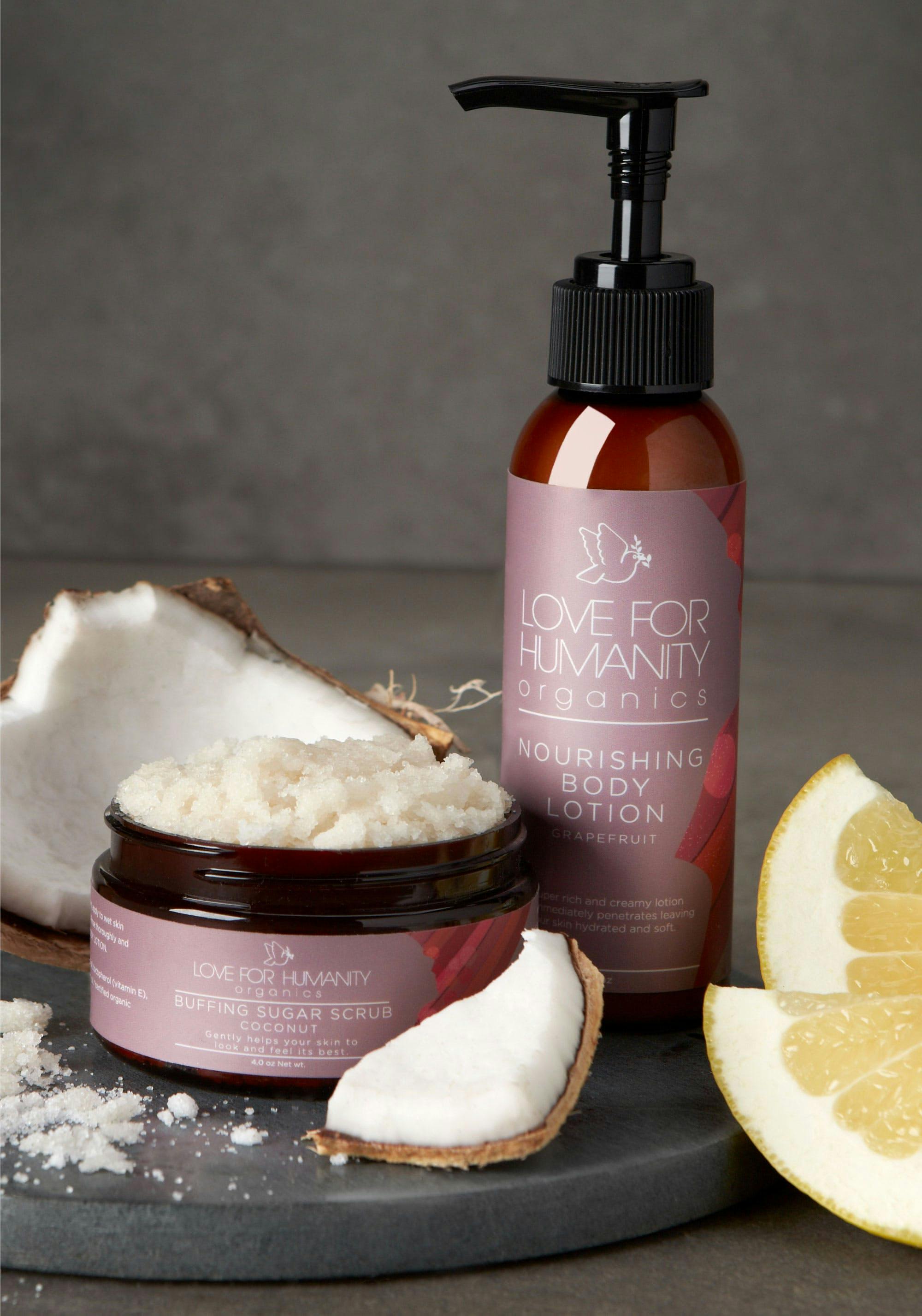 Home for humanity product photography with scrub, lotion, decorated with fruits 
