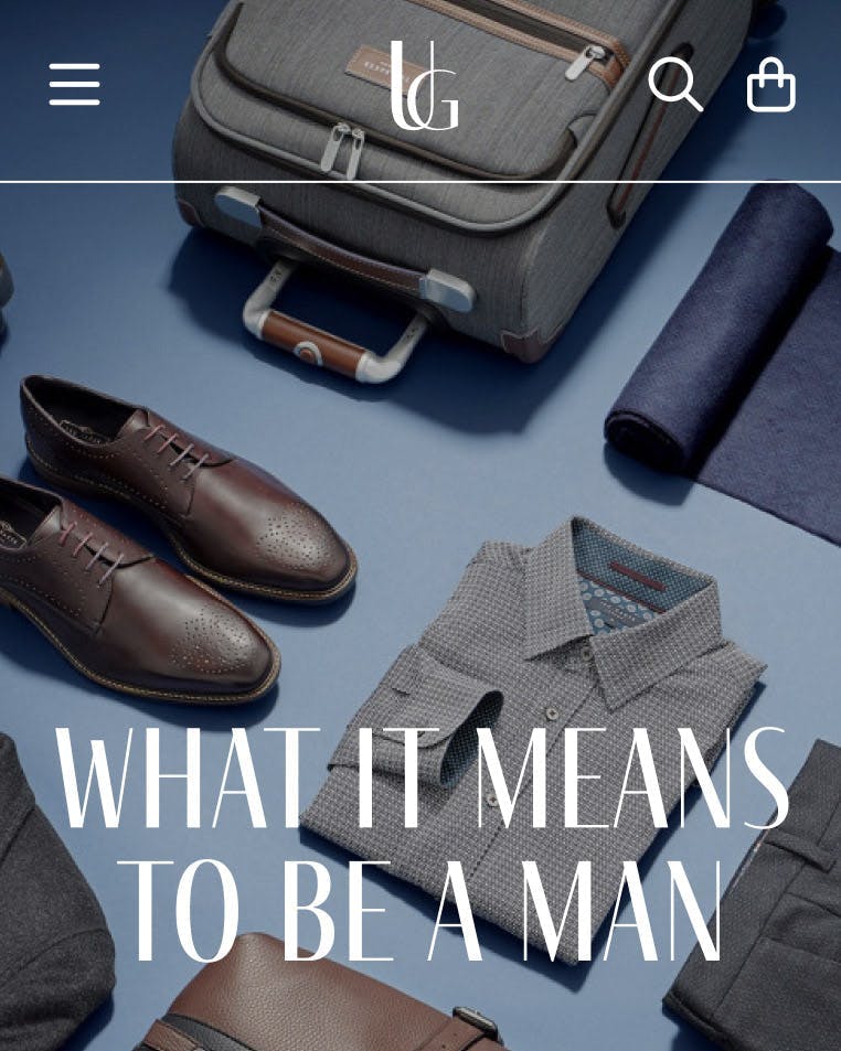Urbane and Gallant" ecommerce website featuring a variety of high-end men's clothing and accessories. The homepage showcases a banner image of flatly. Navigation links are provided at the top of the page for easy browsing
